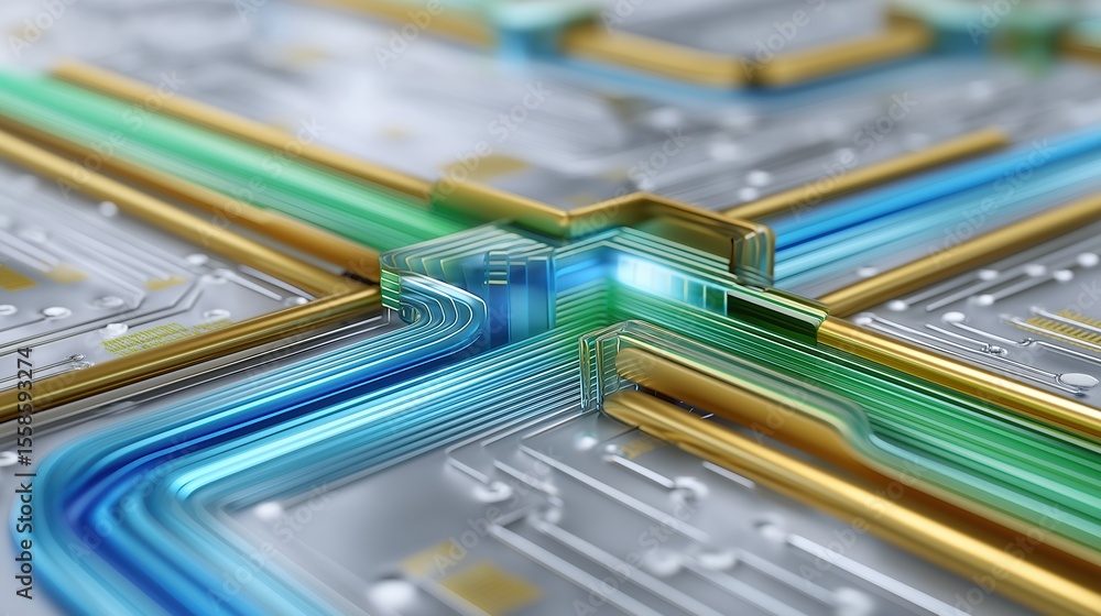 Poster quantum computing researching factory, abstract circuitry with vibrant lines and connections.