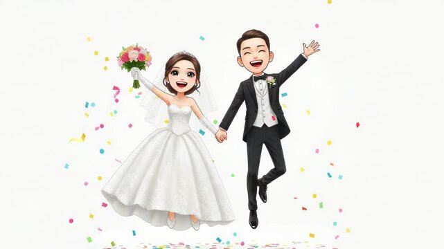 Cartoon Newlyweds Joyfully Celebrate Amidst Colorful Confetti Shower, Animation of Wedding