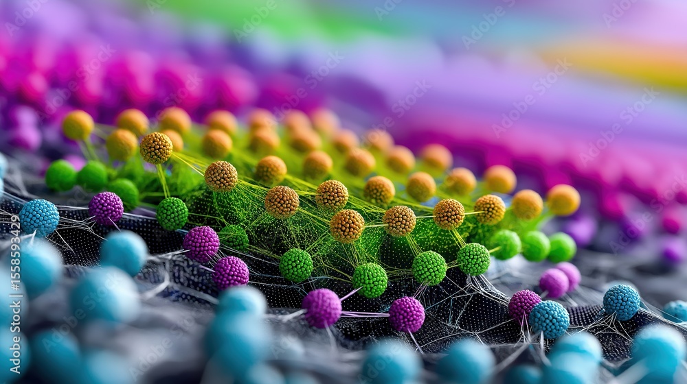Aufkleber quantum computing researching factory, vibrant molecular structure with colorful spheres and interco