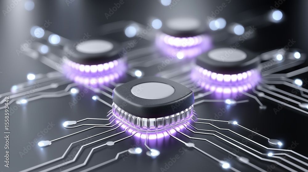 Poster quantum computing researching factory, abstract circuit board with glowing electronic components and