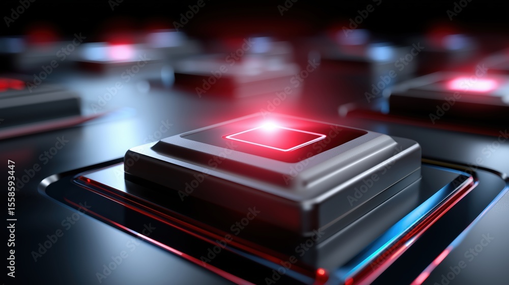 Poster quantum computing researching factory, futuristic close-up of glowing computer chips on a dark backg