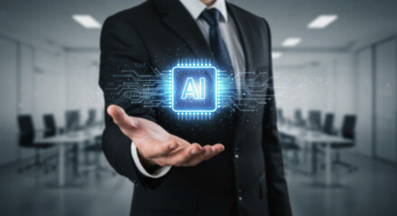 AI Concept in the Business World: A modern businessman in a smart suit extends his hand, cradling a glowing AI concept, against the backdrop of a conference room.