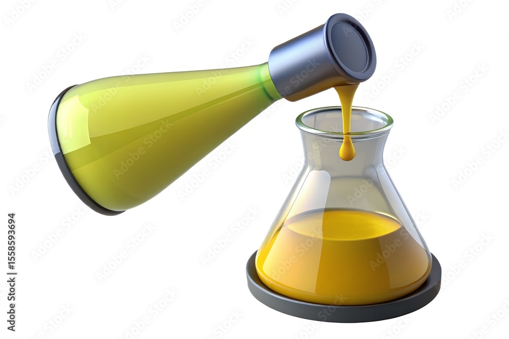 Aufkleber pouring yellow liquid from flask into erlenmeyer flask in laboratory
