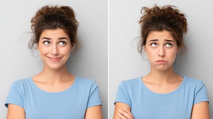 Fototapeta premium bipolar disorder concept, Two facial expressions: happy and sad woman side by side.