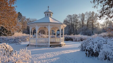 Snow-covered gazebo in a serene winter landscape surrounded by frosted trees and bushes