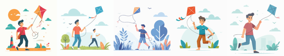 vector character of young man playing kite