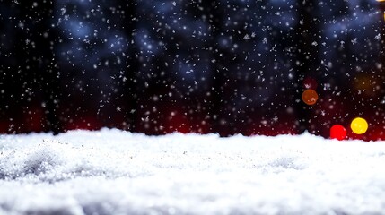 Snowfall gently covers the ground in a serene winter landscape with blurred lights in the background