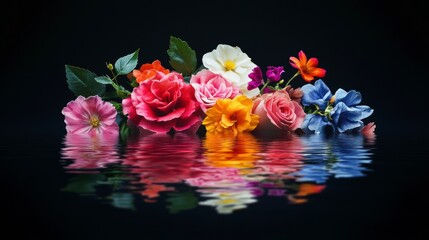 Vibrant colorful flowers reflected in still water on black background.