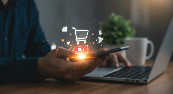 Digital Shopping at a Glance: A modern shopping experience unfolds as hands engage with a smartphone, symbolizing the seamless integration of technology and commerce.