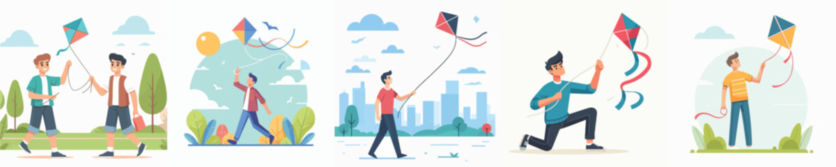 vector character of young man playing kite