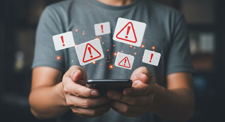 Warning Signs: A person holding a smartphone, symbolizing the digital age's potential pitfalls, surrounded by warning symbols, suggesting a message of caution and vigilance.