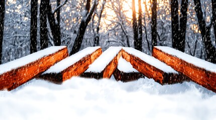 Snow-covered wooden logs arranged in a winter forest during sunset, creating a serene atmosphere