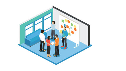 Isometric view of a business team collaborating and brainstorming ideas in a modern office space setting