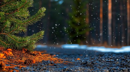 Snowfall gently descends on a forest path, highlighting pine trees and a tranquil winter scene