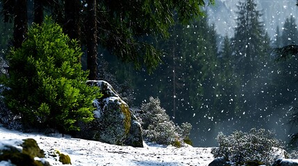 Snowfall in a serene forest with evergreen trees and rocky terrain, creating a tranquil winter scene