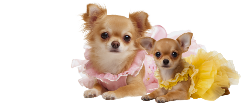 super cute brown chihuahua puppy and her doggy mom are sitting patiently next to each other; they are wearing cute pink ballet outfit; white (transparent) background