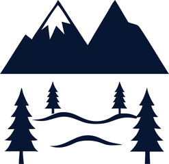 Fototapeta premium Rocky Mountain silhouette icon with pine trees and rocks, ideal for Adventure travel and outdoor use.