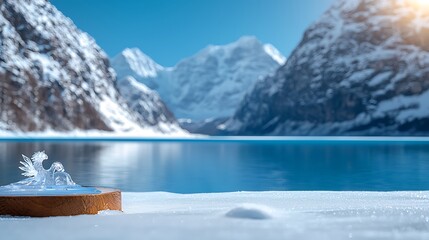 Snowy landscape with intricate ice sculpture on wooden base near tranquil lake and mountains