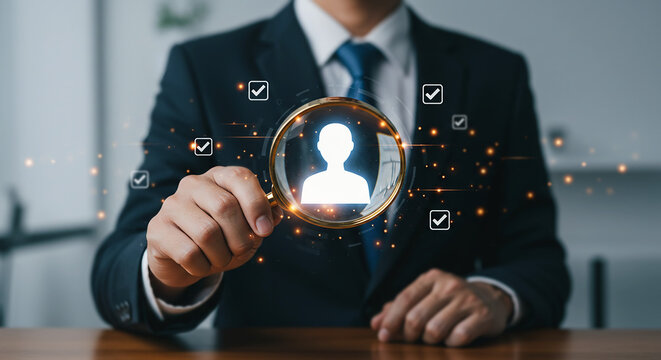 Human Resources Focus: A businessperson employs a magnifying glass to highlight a human silhouette, suggesting recruitment, assessment, and the importance of personnel evaluation in business strategy.