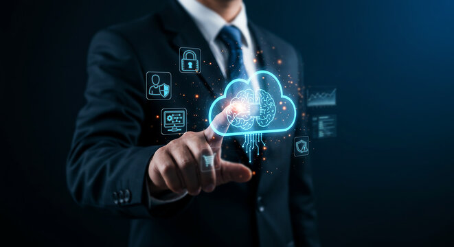 Cloud Computing Businessman: A businessman in a dark suit interacts with a digital cloud computing interface, representing data security, connectivity, and global reach.  