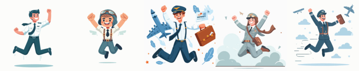 vector character pilot celebration jump
