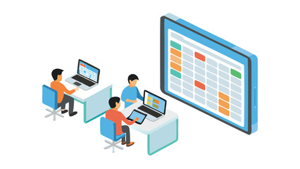 Three people working at desks with laptops and a large tablet displaying a calendar grid view visible