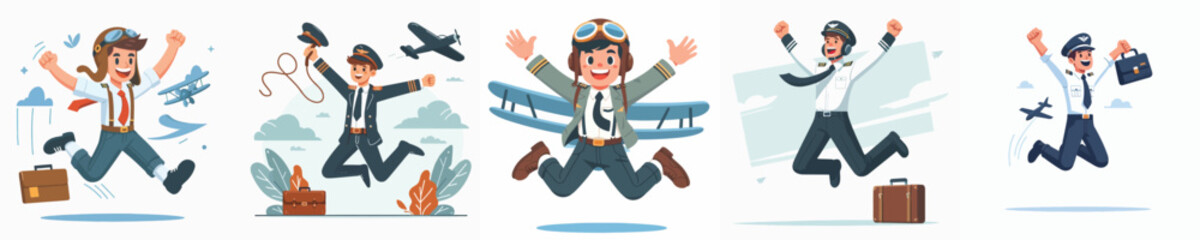 vector character pilot celebration jump