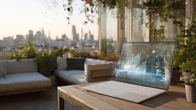 Futuristic laptop display on outdoor patio with city skyline for business innovation and technology design