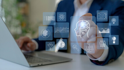 AI Driven Customer Insights Concept. Interacting virtual interface displaying artificial intelligence, data analytics icons, Using AI to analyze customer behavior, enhanceand enhance decision making