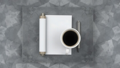 “Flat lay of coffee cup on a geometric grey mat with a single folded paper and metal pen.”

