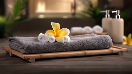 Soft gray towels and delicate flowers arranged on a bamboo tray in a serene spa setting