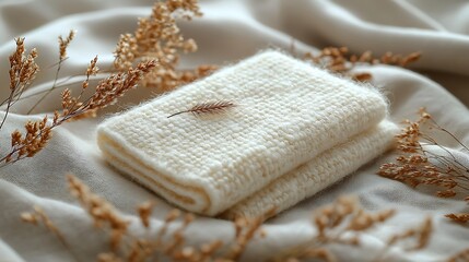Soft cream towel elegantly folded on a textured surface with dried grass accents in a serene setting
