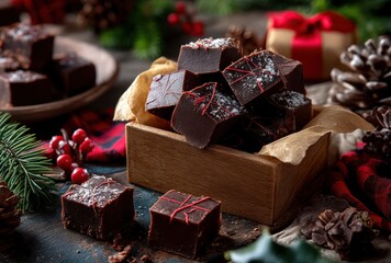 Festive Chocolate Fudge Squares Arranged in a Rustic Wooden Box Surrounded by Holiday Decorations and Pine Cones on a Cozy Table Setting