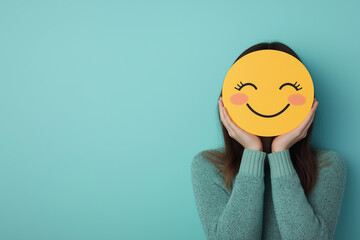 Smiling face emoji held by woman, ideal for mental health and wellness themes