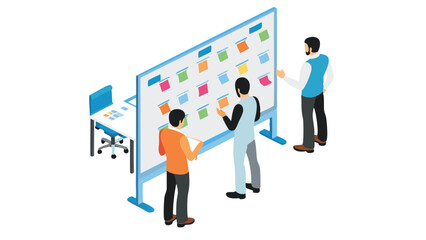 Three people collaborating on a project using sticky notes on a whiteboard in an office setting shown