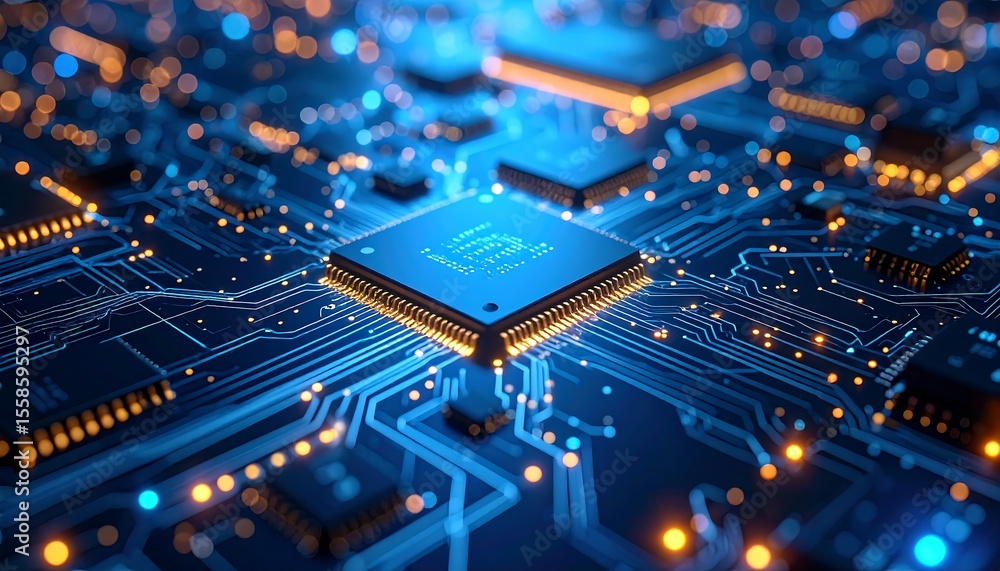 Aufkleber futuristic cpu circuit board digital tech concept with glowing lines.