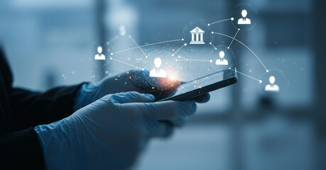 Hands in gloves hold a phone with a digital network overlay during a secure contactless transaction using mobile wallet and encrypted digital payment gateway
