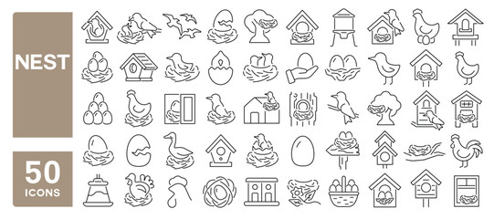 Set of 50 line icons related to nest, bird, eggs, birdhouse, birds, nesting box, Editable stroke. Vector illustration