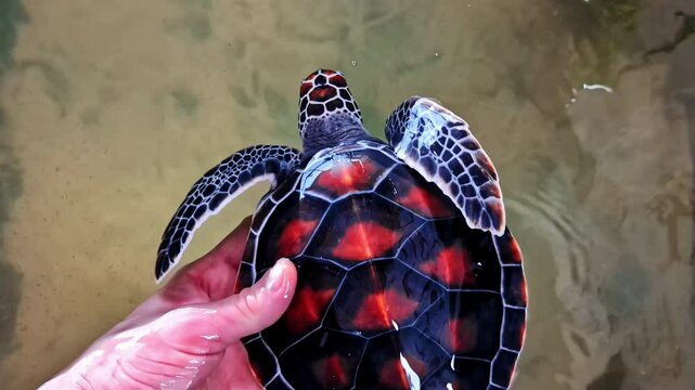 Baby sea turtle with striking red-black shell pattern held in hand, Koggala, Sri Lanka