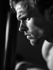 Portrait of male athlete with intense expression and muscular build.