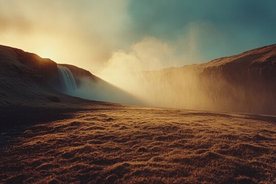 Beautiful sunset at waterfall, with mist and sky in focus. - Powered by Adobe