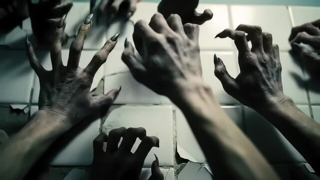 Claws break tile wall; horror film