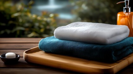Soft towels neatly arranged on a wooden tray beside a serene outdoor setting with greenery