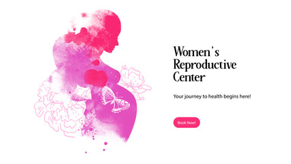 Watercolor hand drawn silhouette of pregnant woman with sketch flowers. Reproductive center design poster. Card of Happy Mothers Day. Vector illustration