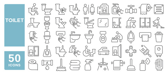 Set of 50 line icons related to toilet, bathroom, hygiene, wc, sanitary, restroom, Editable stroke. Vector illustration