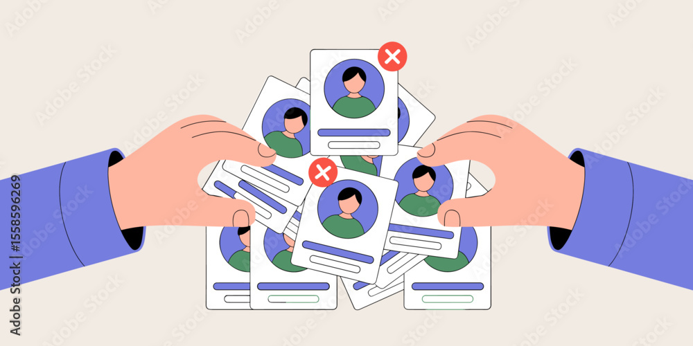 Poster recruiter's hands sorting and removing duplicate candidate profiles, vector illustration for data de
