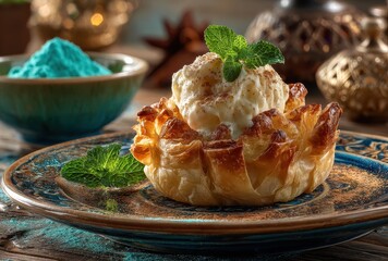 Flaky pastry dessert with creamy topping and mint garnish on beautiful plate, showcasing colorful ingredients and intricate background design