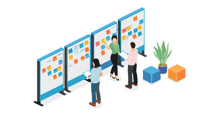 Isometric view of team collaborating with sticky notes on boards in a modern office space area set