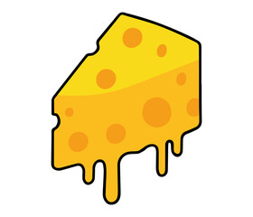 Piece of Cartoon Melting Cheese Slice Yellow Vector Illustration with Orange Holes and Dripping Edges in flat design on white background