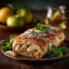 Flaky pastry filled with cinnamon and sugar on a wooden table, surrounded by fresh mint leaves and green apples in a rustic setting